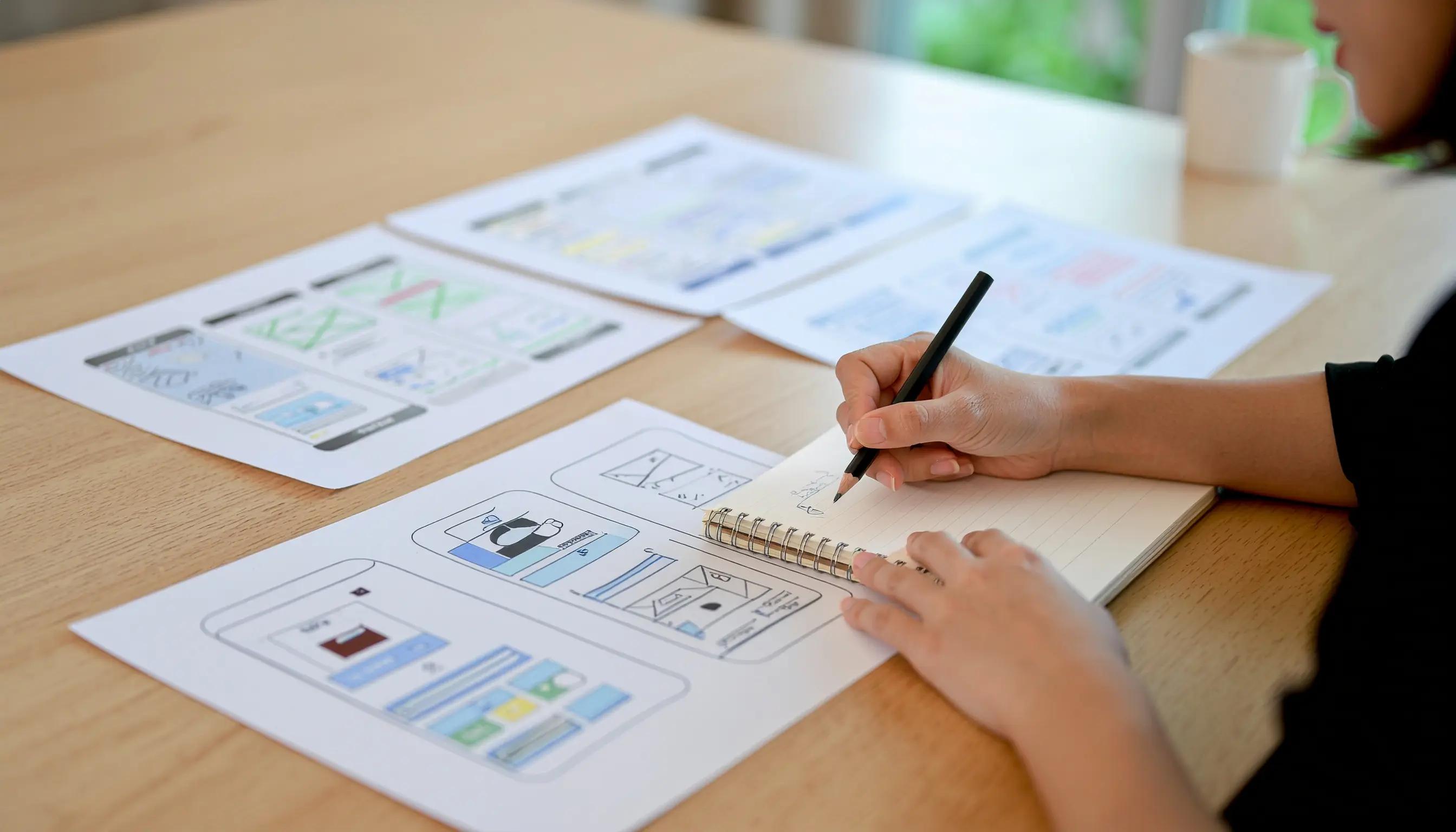 A person sitting at a table taking notes while sketching app ideas on paper.