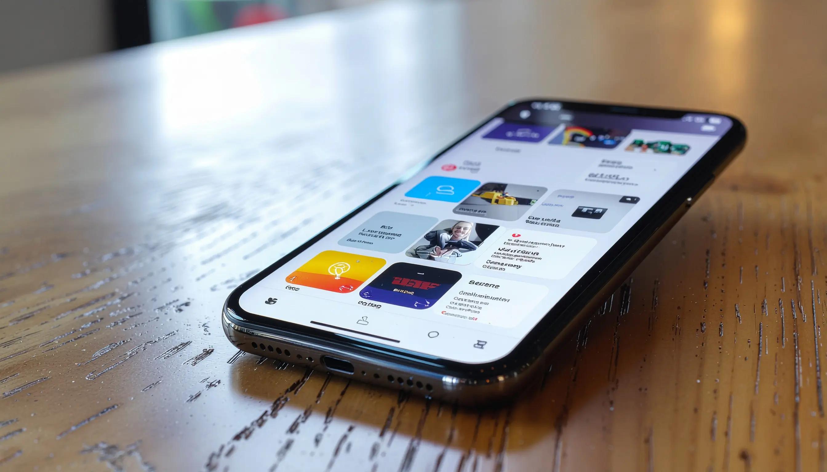 Ein moderner Smartphone-Bildschirm zeigt verschiedene Business-Apps, die eine Vielzahl von Funktionen und Designs präsentieren. Diese Apps sind Teil eines umfassenden App-Entwicklungsprojekts, das Unternehmen bei der Umsetzung ihrer Ideen unterstützt.